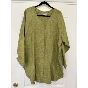 FLAX Large Green Blouse Shirt Linen Long Sleeve Crew neck Button Front Lagenlook